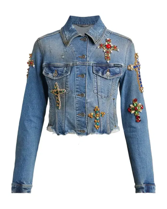 Dolce & Gabbana Cross Embellished Distressed Denim Jacket