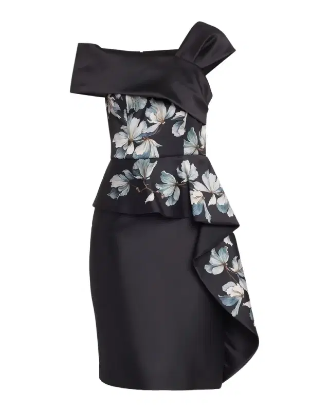 Rickie Freeman for Teri Jon Draped One-Shoulder Mikado Peplum Dress
