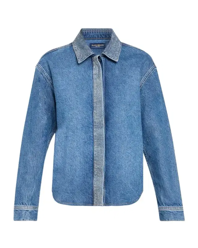 Ramy Brook Alison Rhinestone-Trim Denim Shirt