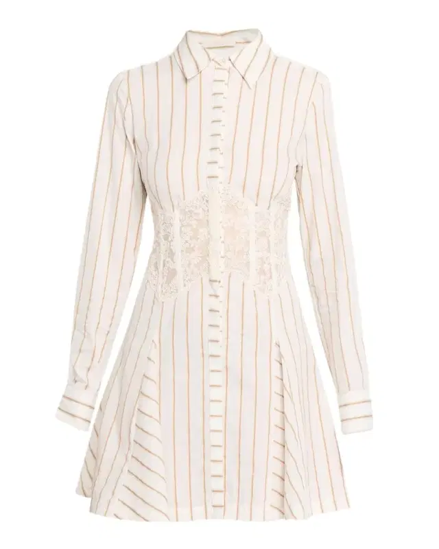 Ramy Brook Wren Striped Lace-Inset Godet Mini Shirtdress