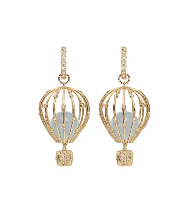 Sydney Evan Hot Air Balloon 14kt gold hoop earrings with aquamarine and diamonds
