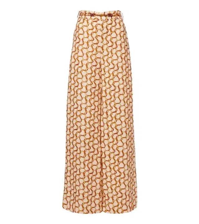 Belted printed linen wide-leg pants