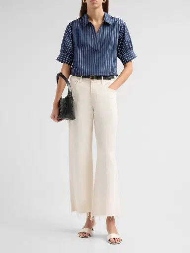 FRAME Women's The Popover Striped Cotton Top - Navy Multi | Thumbnail 2