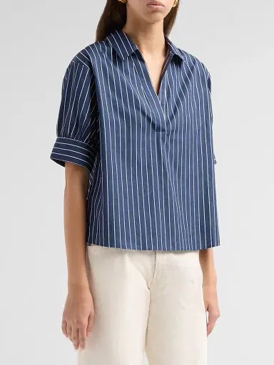 FRAME Women's The Popover Striped Cotton Top - Navy Multi | Thumbnail 4