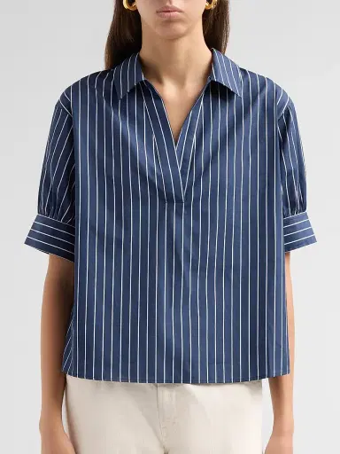 FRAME Women's The Popover Striped Cotton Top - Navy Multi | Thumbnail 5