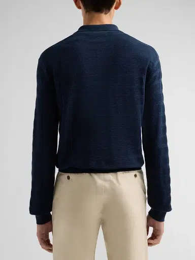 Ralph Lauren Purple Label Men's Tonal Textured Stripe Knit Polo Sweater - Racing Navy - Size XXL | Thumbnail 3