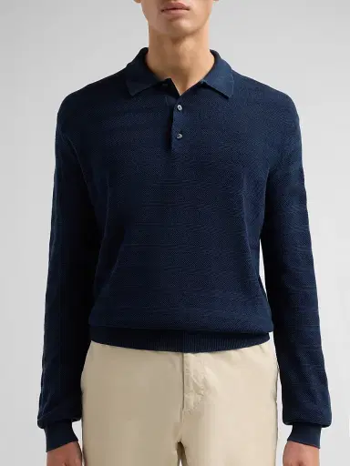 Ralph Lauren Purple Label Men's Tonal Textured Stripe Knit Polo Sweater - Racing Navy - Size XXL | Thumbnail 5