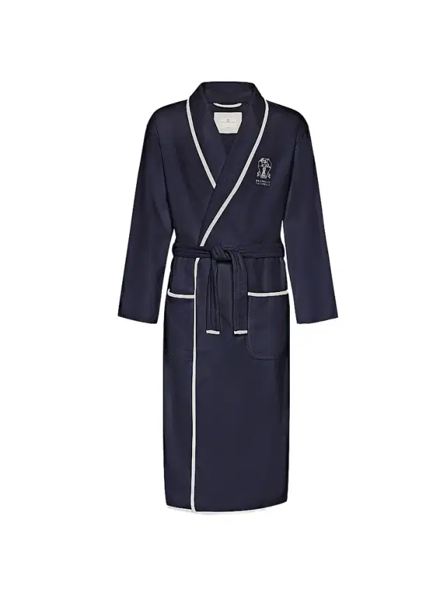 Brunello Cucinelli Women's Cotton Terrycloth Bathrobe with Linen Trims - Navy Blue