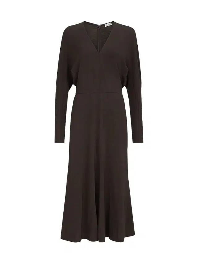 Brunello Cucinelli Women's Techno Wool Jersey Dress with Monili - Coffee