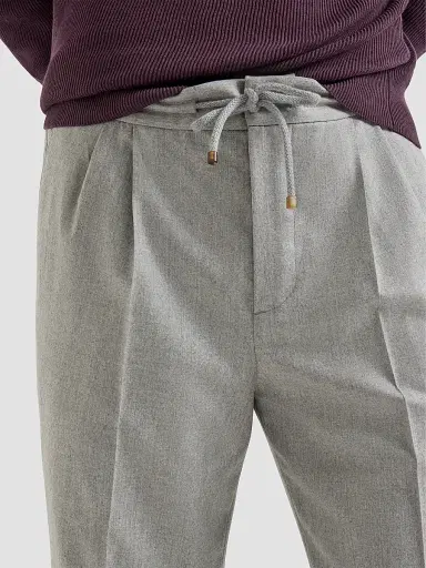 Brunello Cucinelli Men's Virgin Wool Flannel Trousers with Drawstring and Double Pleats | Thumbnail 6 Brunello Cucinelli Men's Virgin Wool Flannel Trousers with Drawstring and Double Pleats | Thumbnail 6
