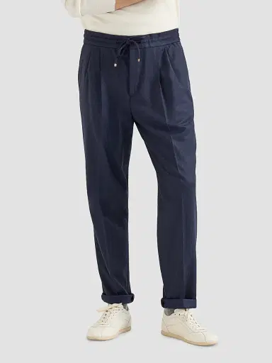 Brunello Cucinelli Men's Virgin Wool Flannel Trousers with Drawstring and Double Pleats - Marine Blue - Size 32 | Thumbnail 3 Brunello Cucinelli Men's Virgin Wool Flannel Trousers with Drawstring and Double Pleats - Marine Blue - Size 32 | Thumbnail 3