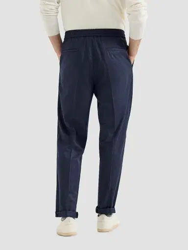 Brunello Cucinelli Men's Virgin Wool Flannel Trousers with Drawstring and Double Pleats - Marine Blue - Size 32 | Thumbnail 4 Brunello Cucinelli Men's Virgin Wool Flannel Trousers with Drawstring and Double Pleats - Marine Blue - Size 32 | Thumbnail 4