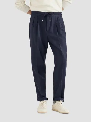 Brunello Cucinelli Men's Virgin Wool Flannel Trousers with Drawstring and Double Pleats - Marine Blue - Size 32 | Thumbnail 5 Brunello Cucinelli Men's Virgin Wool Flannel Trousers with Drawstring and Double Pleats - Marine Blue - Size 32 | Thumbnail 5