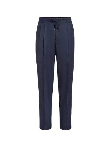 Brunello Cucinelli Men's Virgin Wool Flannel Trousers with Drawstring and Double Pleats - Marine Blue - Size 32 | Thumbnail 1 Brunello Cucinelli Men's Virgin Wool Flannel Trousers with Drawstring and Double Pleats - Marine Blue - Size 32 | Thumbnail 1