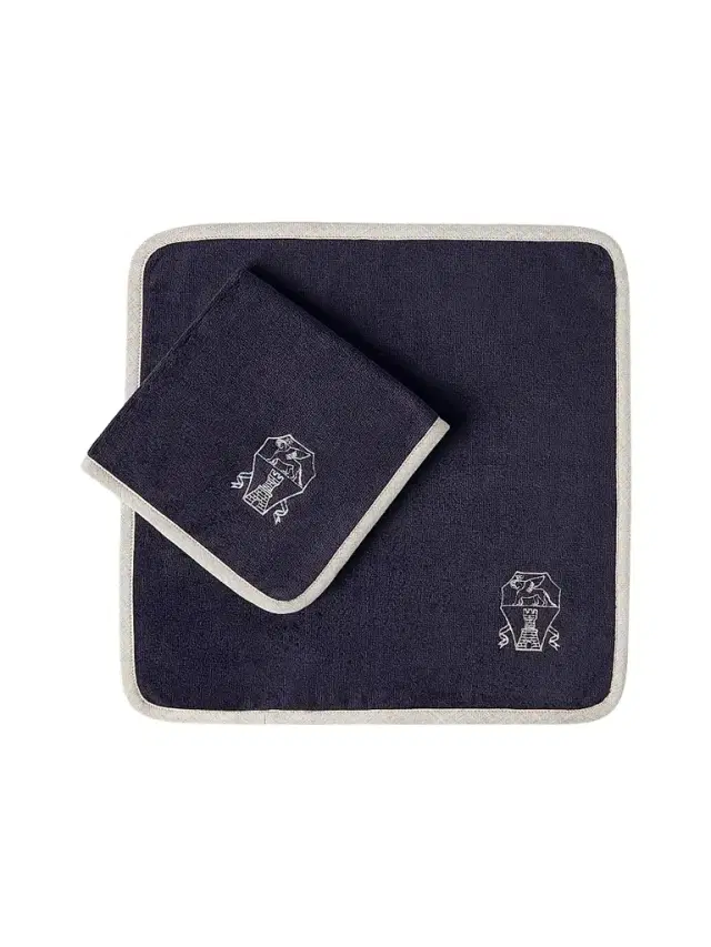 Brunello Cucinelli 2 Piece Cotton Terrycloth Hand Towel Set with Embroidery - Navy Blue