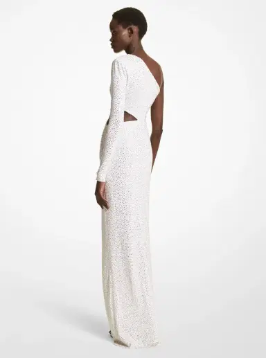 Michael Kors Collection Crystal Embroidered Stretch Jersey Asymmetric Gown in White | Thumbnail 2 Michael Kors Collection Crystal Embroidered Stretch Jersey Asymmetric Gown in White | Thumbnail 2