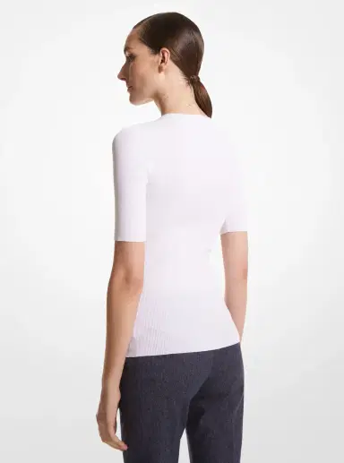 Michael Kors Collection Ribbed Stretch Viscose T-Shirt in White | Thumbnail 2