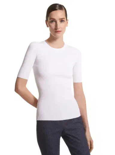 Michael Kors Collection Ribbed Stretch Viscose T-Shirt in White | Thumbnail 1