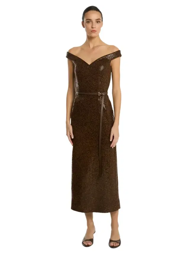 Michael Kors Collection Hand-Embellished Paillettes Crepe Off-The-Shoulder Dress