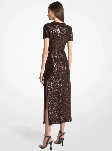 Michael Kors Collection Sequined Stretch T-Shirt Midi Dress in Brown | Thumbnail 2