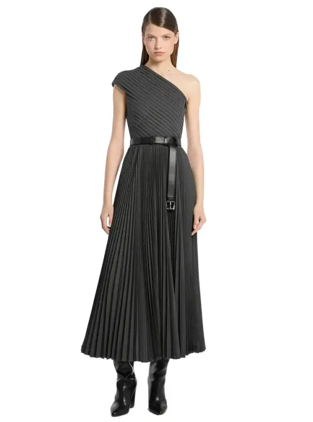 Michael Kors Collection Pleated Stretch Wool One-Shoulder Dress