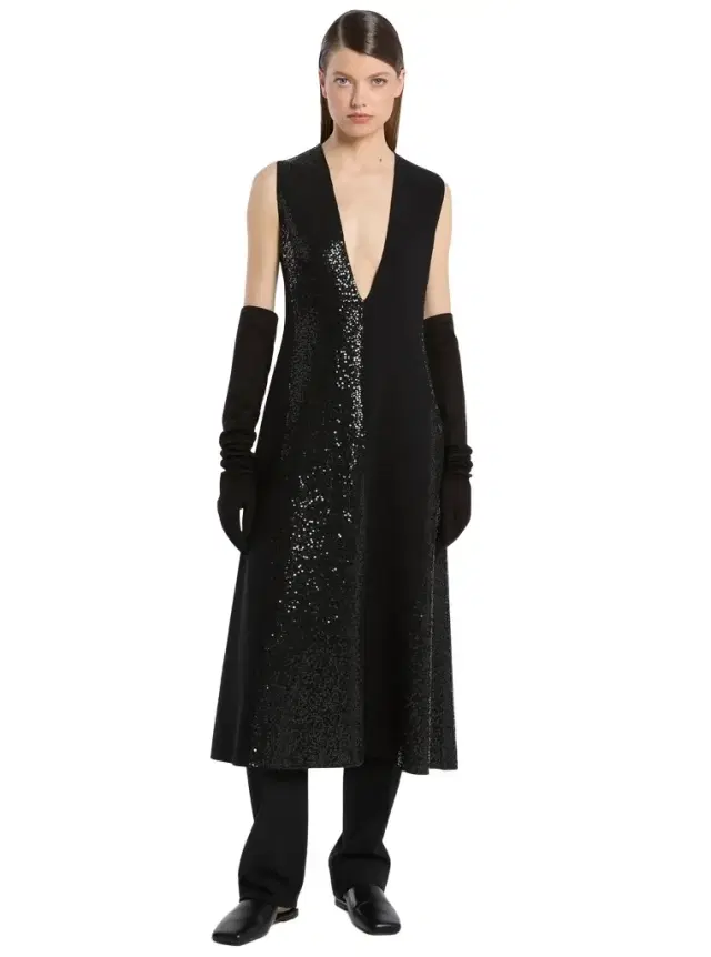 Michael Kors Collection Hand-Embellished Sequin Double Faced Stretch Wool Crepe V-Neck Dress