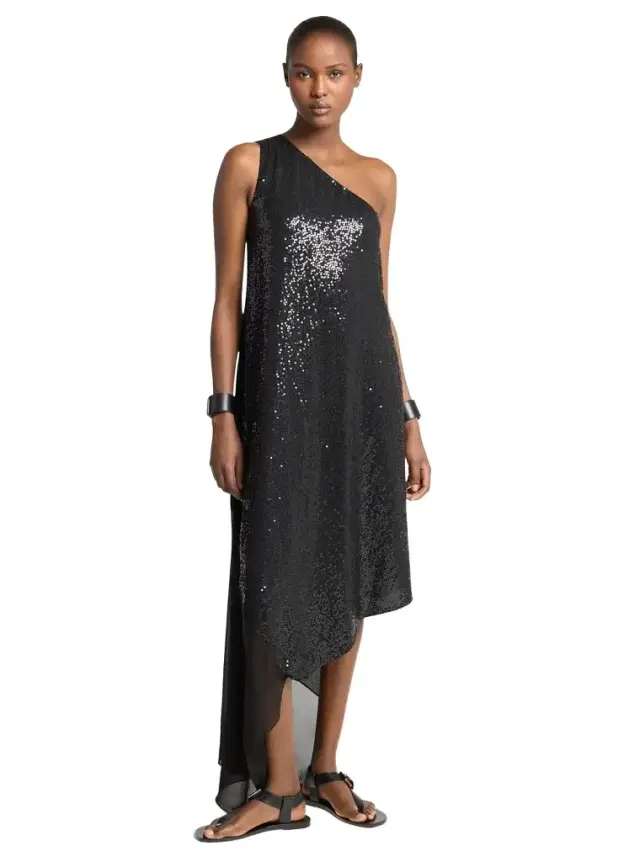 Hand-Embroidered Sequin Silk Georgette Asymmetric Dress