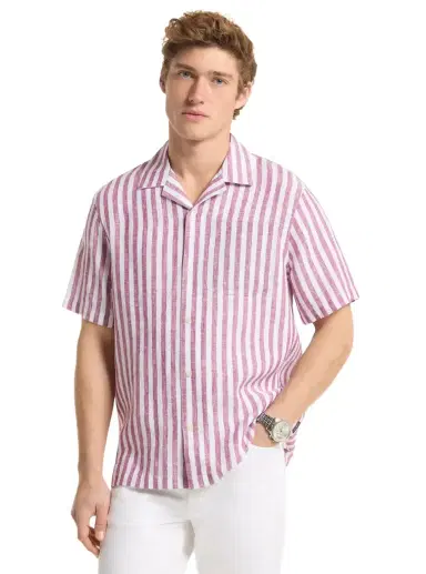 Michael Kors Collection Striped Linen Camp Shirt in | Thumbnail 1