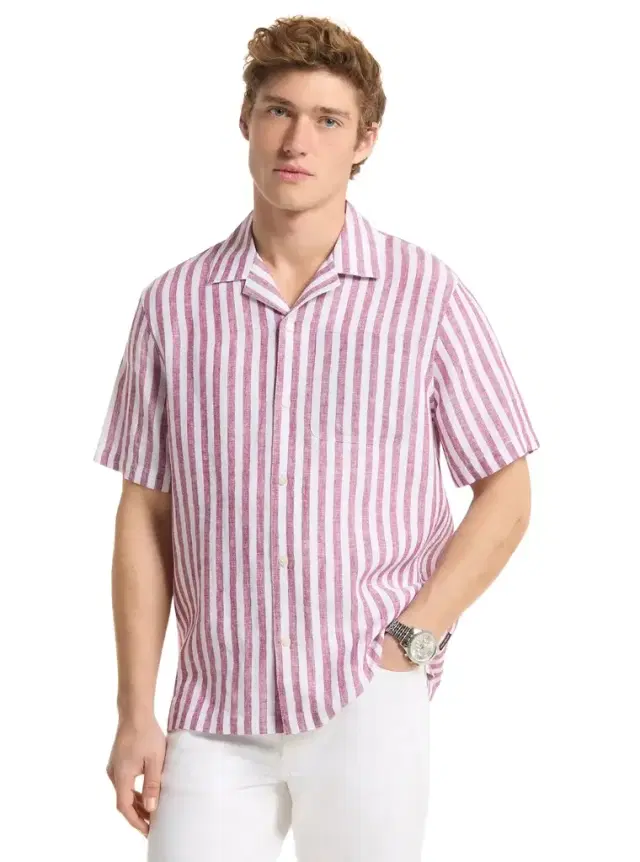 Michael Kors Collection Striped Linen Camp Shirt in