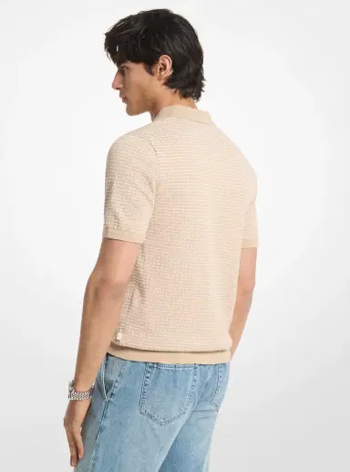 Michael Kors Collection Textured Striped Cotton Polo Shirt in Blue | Thumbnail 2 Michael Kors Collection Textured Striped Cotton Polo Shirt in Blue | Thumbnail 2