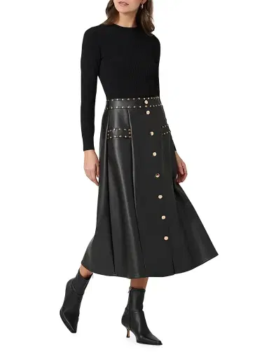Shoshanna Women's Cleo Mixed-Media Midi-Dress - Jet | Thumbnail 2 Shoshanna Women's Cleo Mixed-Media Midi-Dress - Jet | Thumbnail 2
