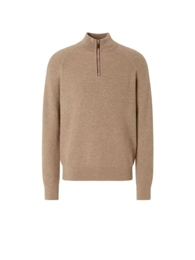Zegna Light Beige Mélange Oasi Cashmere Zip Mock Sweater
