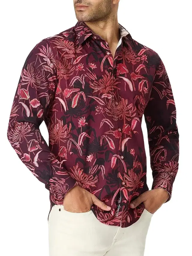 Robert Graham Men's Elmwood Floral Leaf Cotton Shirt - Burgundy - Size XXL