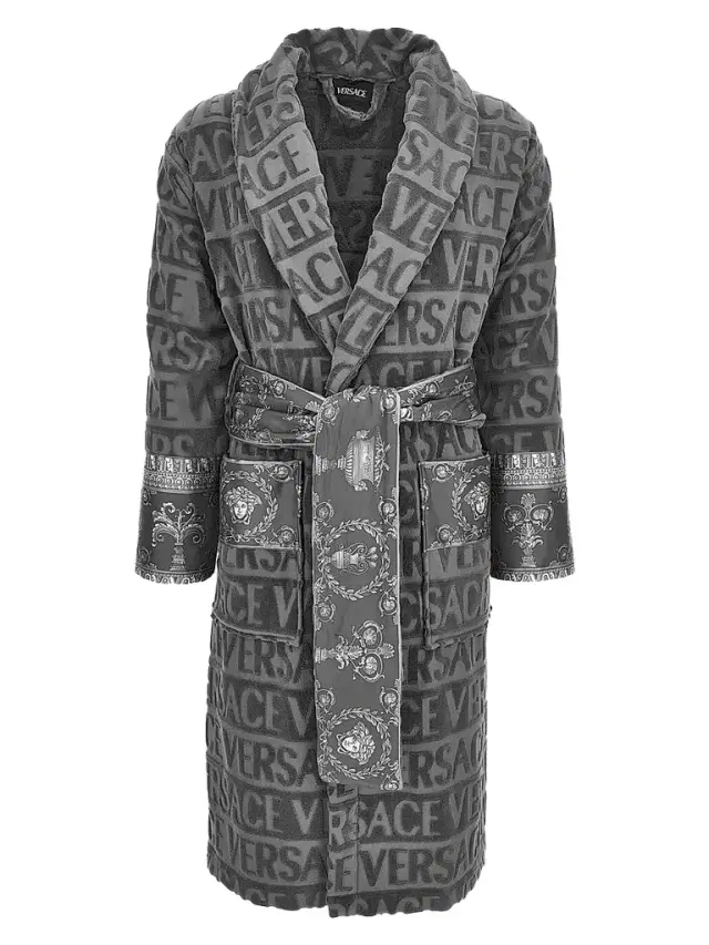 Versace Men's Logo Borocco-Trim Cotton Robe - Taupe Gray