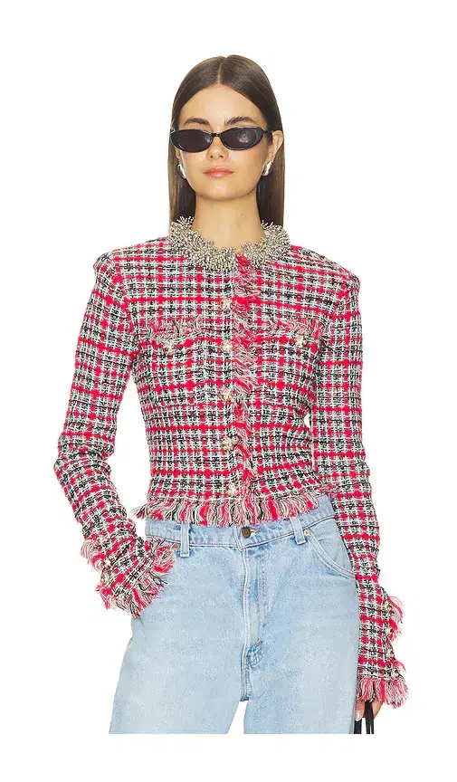 self-portrait Red Check Frayed Knit Jacket