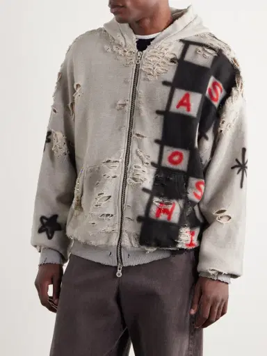 Satoshi Nakamoto Get What I Want Distressed Embellished Cotton-Jersey Zip-Up Hoodie - Men | Thumbnail 3