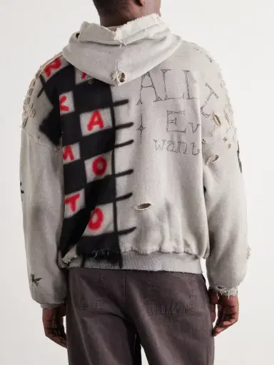 Satoshi Nakamoto Get What I Want Distressed Embellished Cotton-Jersey Zip-Up Hoodie - Men | Thumbnail 4