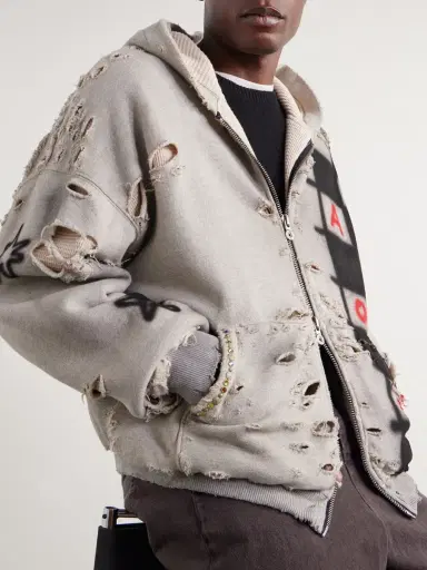 Satoshi Nakamoto Get What I Want Distressed Embellished Cotton-Jersey Zip-Up Hoodie - Men | Thumbnail 5