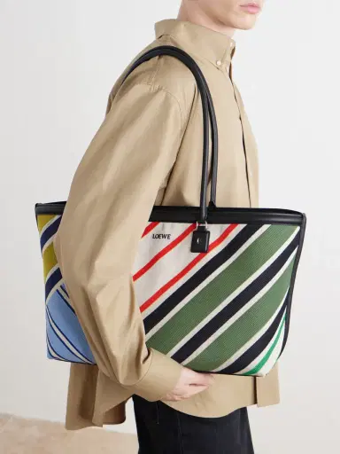 Loewe Verano Logo-Embroidered Striped Leather-Trimmed Canvas Tote - Men | Thumbnail 3