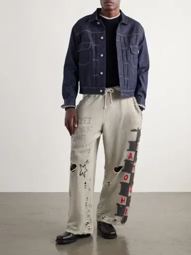 Satoshi Nakamoto Get What I Want Printed Embellished Distressed Cotton-Jersey Sweatpants - Men | Thumbnail 2 Satoshi Nakamoto Get What I Want Printed Embellished Distressed Cotton-Jersey Sweatpants - Men | Thumbnail 2