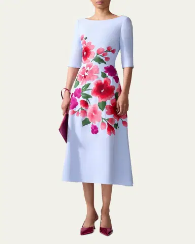 Carolina Herrera Floral Embroidered 3/4-Sleeve Midi Dress | Thumbnail 2 Carolina Herrera Floral Embroidered 3/4-Sleeve Midi Dress | Thumbnail 2