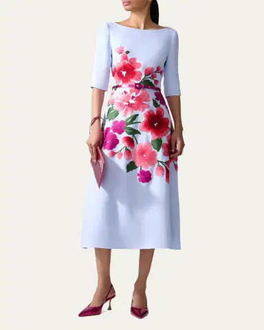 Carolina Herrera Floral Embroidered 3/4-Sleeve Midi Dress | Thumbnail 4 Carolina Herrera Floral Embroidered 3/4-Sleeve Midi Dress | Thumbnail 4