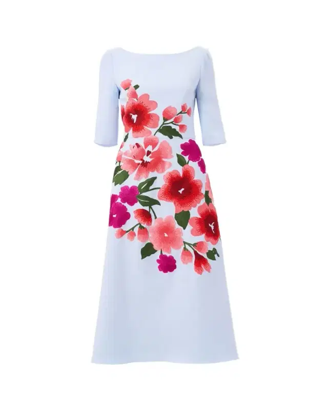 Floral Embroidered 3/4-Sleeve Midi Dress
