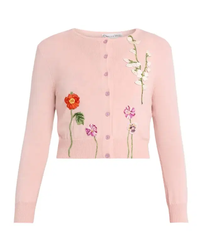 Oscar de la Renta Mixed Botanical Embroidered Crewneck Cardigan