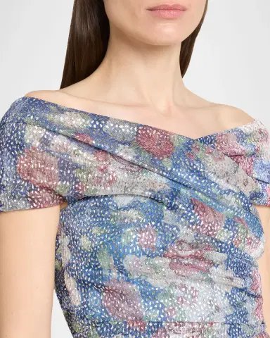 Talbot Runhof Off-The-Shoulder Metallic Floral Voile Pleated Midi Cocktail Dress | Thumbnail 5 Talbot Runhof Off-The-Shoulder Metallic Floral Voile Pleated Midi Cocktail Dress | Thumbnail 5