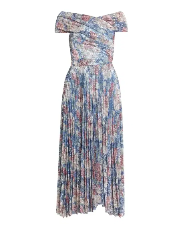 Off-The-Shoulder Metallic Floral Voile Pleated Midi Cocktail Dress