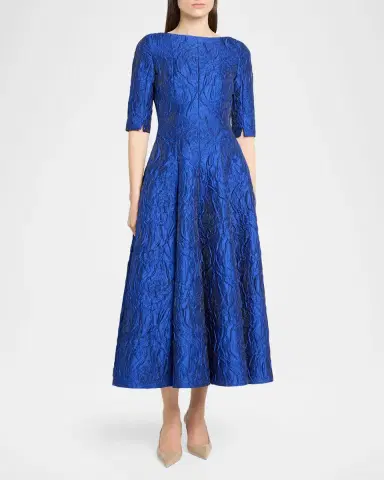 Talbot Runhof Boat-Neck Poiret Rose Jacquard Midi Cocktail Dress | Thumbnail 2 Talbot Runhof Boat-Neck Poiret Rose Jacquard Midi Cocktail Dress | Thumbnail 2