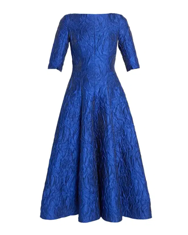 Boat-Neck Poiret Rose Jacquard Midi Cocktail Dress