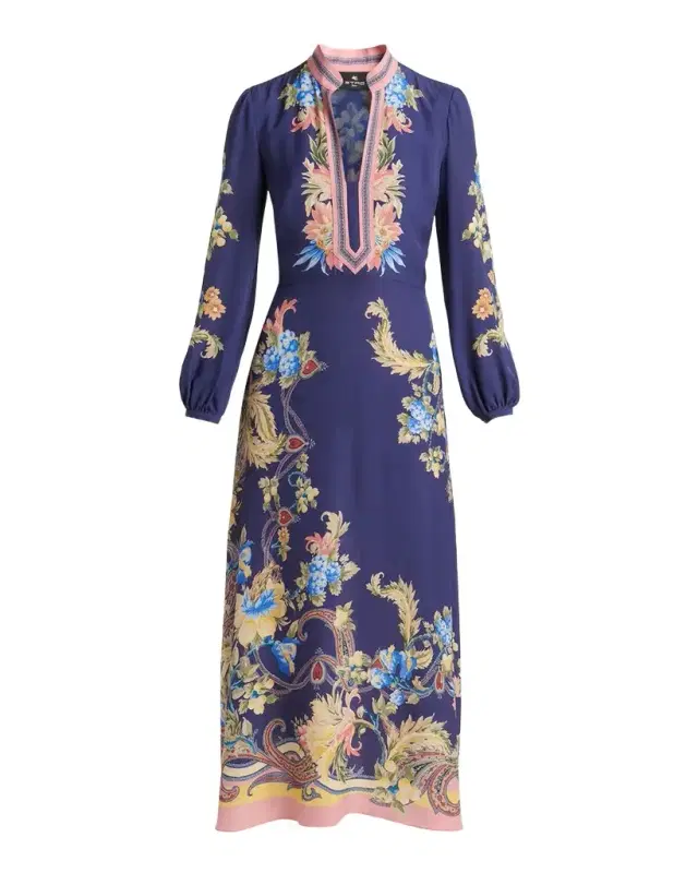Etro V-Neck Floral-Print Long-Sleeve Midi Dress