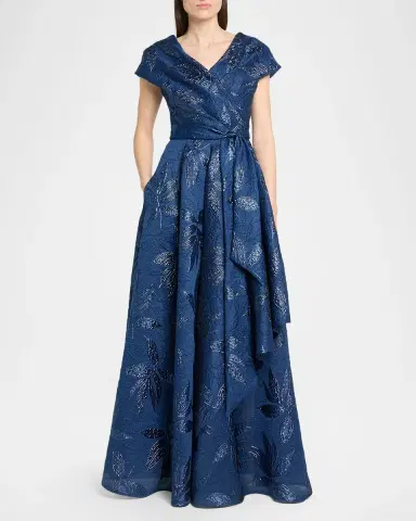 Talbot Runhof Draped Metallic Peony Jacquard Cap-Sleeve Gown | Thumbnail 2